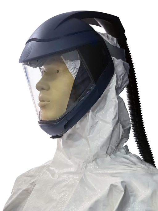 Mannequin dressed in a protective suit and helmet, featuring a Powered Air-Purifying Respirator for safety.