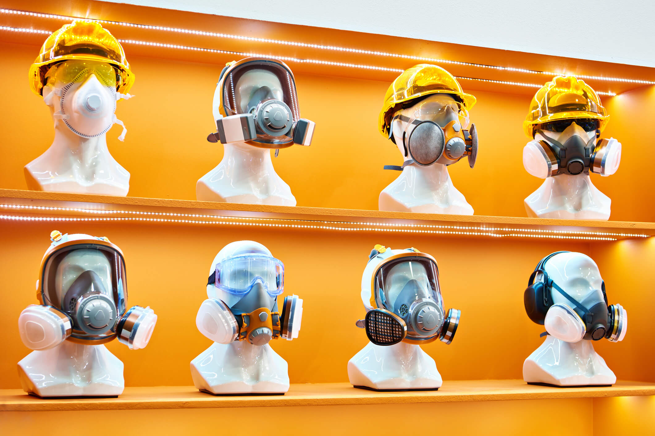 A shelf displaying a variety of PPE masks in different colors and styles, organized neatly for easy access.