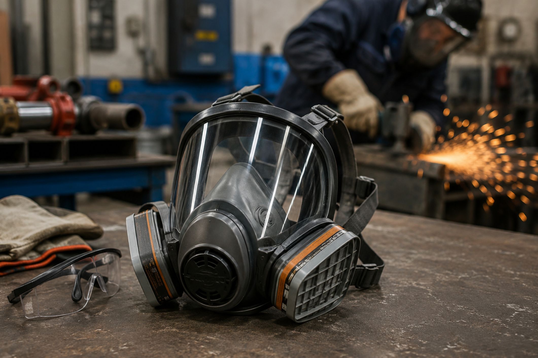 Worker holding a full face dust mask with twin filters on an industrial workshop bench